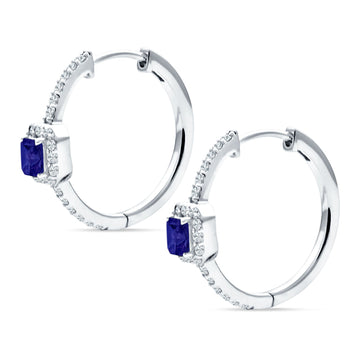 Emerald Cut Halo Hoop Earring Blue Sapphire CZ 925 Sterling Silver Wholesale